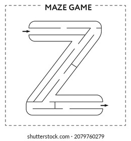 Hojas de cálculo para aprender el alfabeto. Libro de actividades en blanco y negro para los niños. Juego de Maze con la letra Z