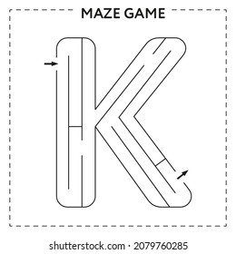 Worksheets for learning the alphabet. Black and white activity book for kids. Maze game with the Letter K