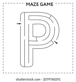 Worksheets for learning the alphabet. Black and white activity book for kids. Maze game with the Letter P