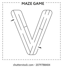 Hojas de cálculo para aprender el alfabeto. Libro de actividades en blanco y negro para los niños. Juego de Maze con la letra V