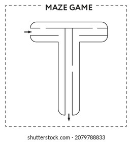 Worksheets for learning the alphabet. Black and white activity book for kids. Maze game with the Letter T
