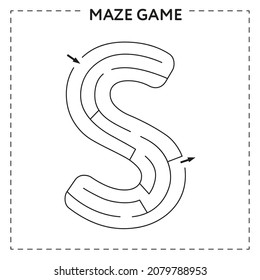 Worksheets for learning the alphabet. Black and white activity book for kids. Maze game with the Letter S