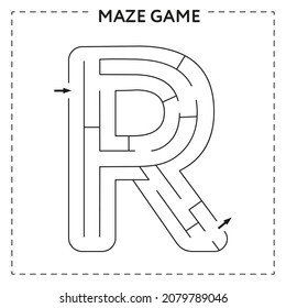 Worksheets for learning the alphabet. Black and white activity book for kids. Maze game with the Letter R