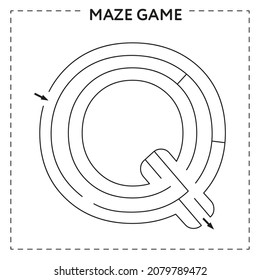 Worksheets for learning the alphabet. Black and white activity book for kids. Maze game with the Letter Q