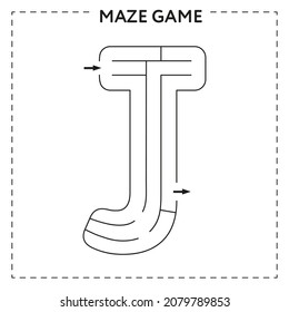 Worksheets for learning the alphabet. Black and white activity book for kids. Maze game with the Letter J