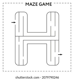 Worksheets for learning the alphabet. Black and white activity book for kids. Maze game with the Letter H