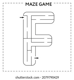 Worksheets for learning the alphabet. Black and white activity book for kids. Maze game with the Letter F