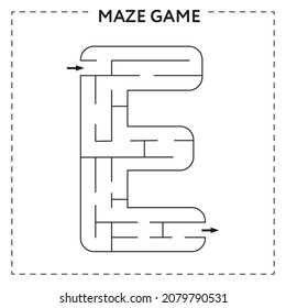 Worksheets for learning the alphabet. Black and white activity book for kids. Maze game with the Letter E