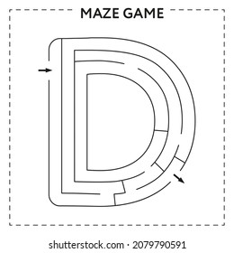 Worksheets for learning the alphabet. Black and white activity book for kids. Maze game with the Letter D