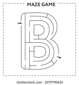 Worksheets for learning the alphabet. Black and white activity book for kids. Maze game with the Letter B