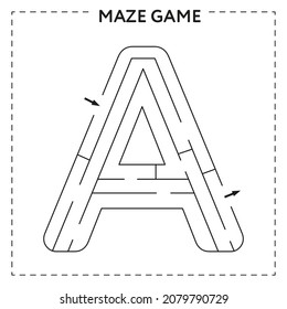 Worksheets for learning the alphabet. Black and white activity book for kids. Maze game with the Letter A