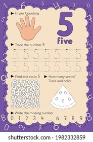 Worksheets For Learning Numbers. Learning And Activity For Kids. Number 5. Five.