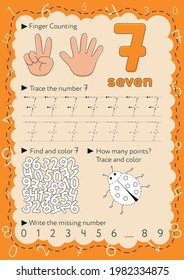 Worksheets For Learning Numbers. Learning And Activity For Kids. Number 7. Seven.