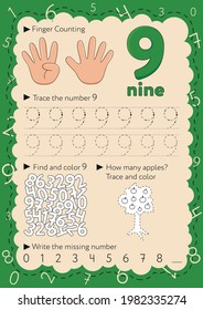 Worksheets for learning numbers. Learning and activity for kids. Number 9. Nine.