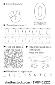 Worksheets for learning numbers. Learning and activity for kids. Number 0. Zero. Black and white