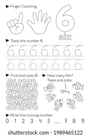 Worksheets for learning numbers. Learning and activity for kids. Number 6. Six. Black and white illustration.