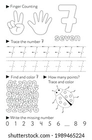 Worksheets for learning numbers. Learning and activity for kids. Number 7. Seven. Black and white illustration.