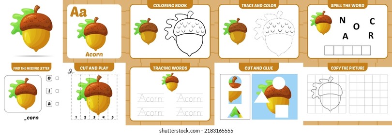 worksheets pack for kids with acorn vector