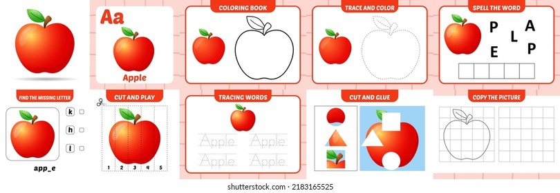 worksheets pack for kids with apple vector