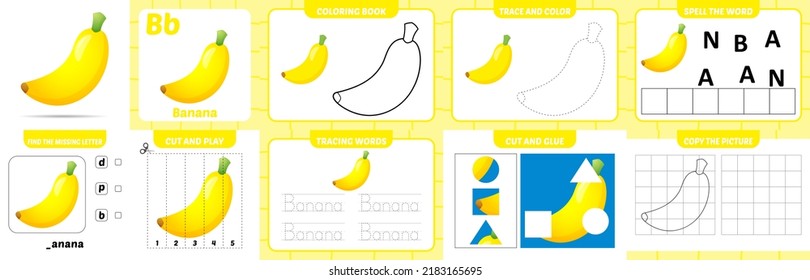 worksheets pack for kids with banana vector