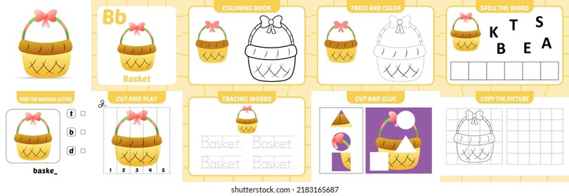 worksheets pack for kids with basket vector