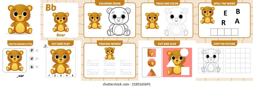 worksheets pack for kids with bear vector