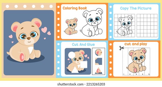 worksheets pack for kids with bear vector. children's study book