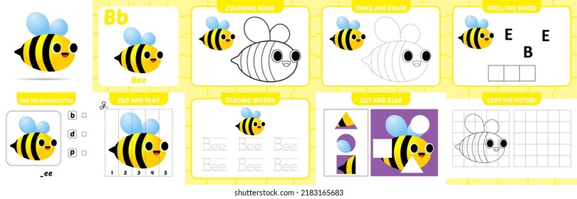 worksheets pack for kids with bee vector