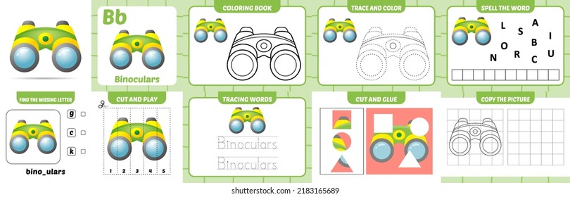 worksheets pack for kids with binoculars vector