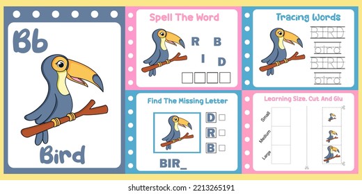 worksheets pack for kids with bird vector. children's study book