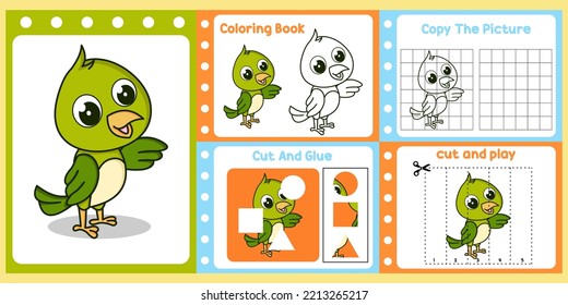 paquete de hojas de cálculo para niños con vector de pájaro. libro de estudios para niños