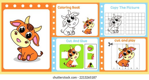 worksheets pack for kids with bull vector. children's study book