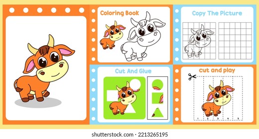 worksheets pack for kids with bull vector. children's study book