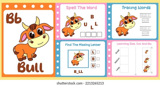 worksheets pack for kids with bull vector. children's study book