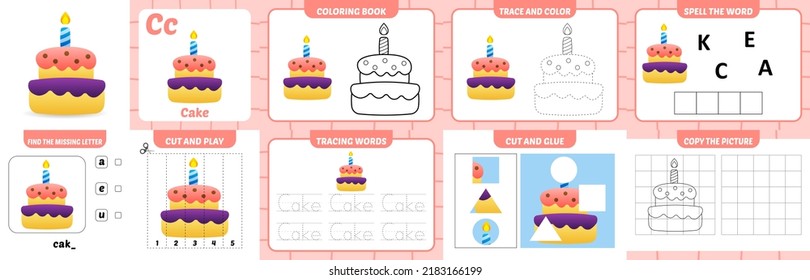 worksheets pack for kids with cake vector