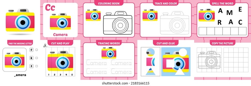 worksheets pack for kids with camera vector