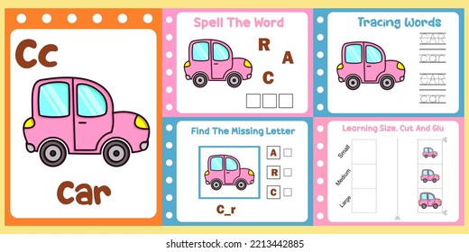 worksheets pack for kids with car vector. children's study book