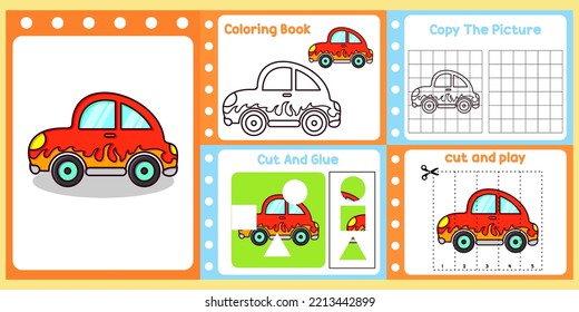 worksheets pack for kids with car vector. children's study book