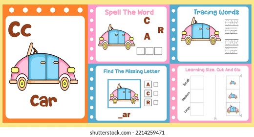 worksheets pack for kids with car vector. children's study book