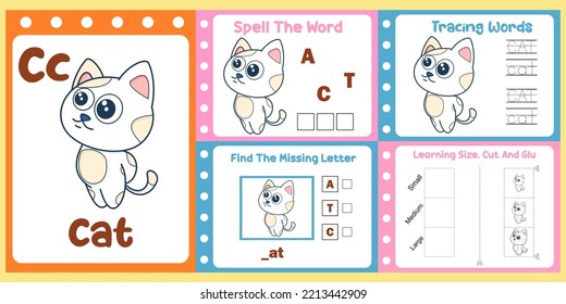 worksheets pack for kids with cat vector. children's study book