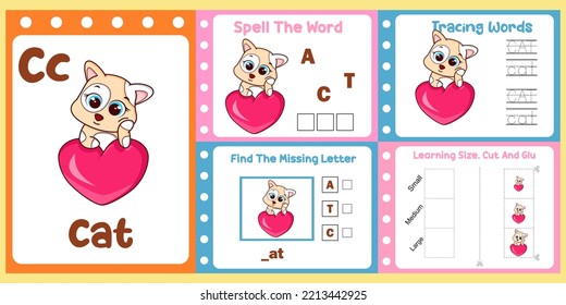 worksheets pack for kids with cat vector. children's study book