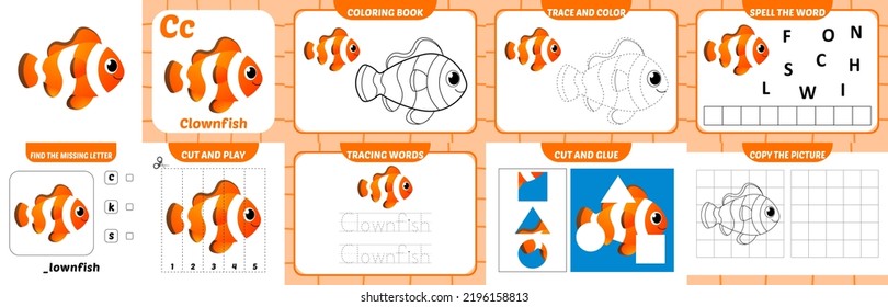 paquete de hojas de trabajo para niños con vector de pez payaso