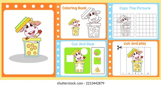 worksheets pack for kids with cow vector. children's study book