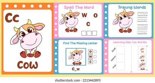 paquete de hojas de trabajo para niños con vector de vaca. libro de estudios para niños