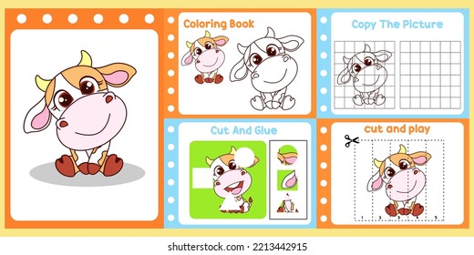 worksheets pack for kids with cow vector. children's study book