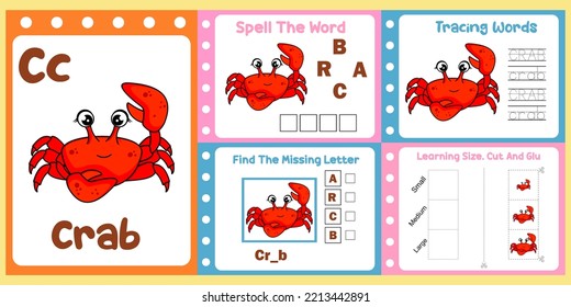 worksheets pack for kids with crab vector. children's study book