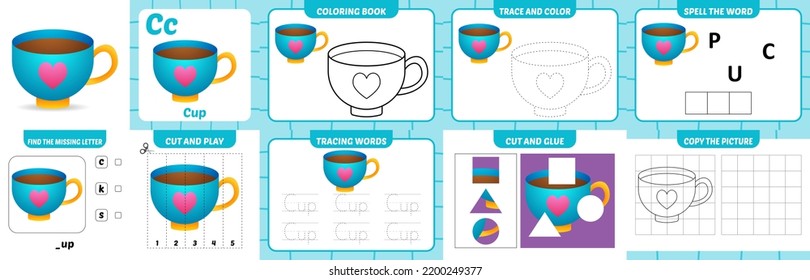 worksheets pack for kids with cup vector