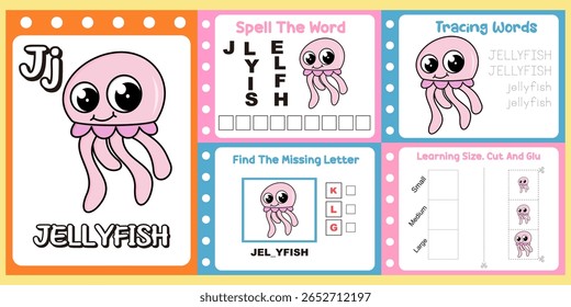 worksheets pack for kids a cute a jellyfish vector. 