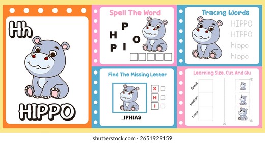 worksheets pack for kids a cute little hippo vector. 