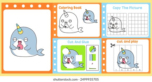 worksheets pack for kids a cute narwhal vector. 